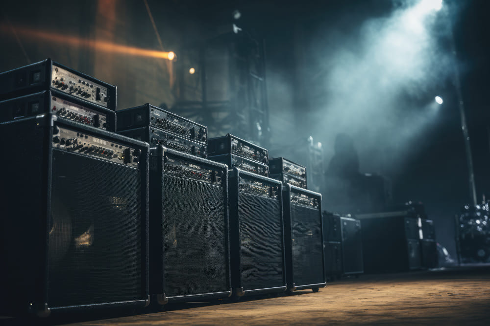 muziek speakers op elkaar gestapeld in een donkere en natte kelder