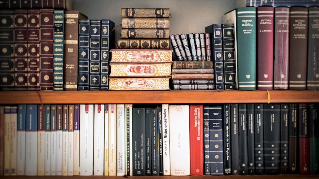 Overzichtelijke boekenplank met gesorteerde boeken op kleur en formaat voor een rustige en stijlvolle uitstraling