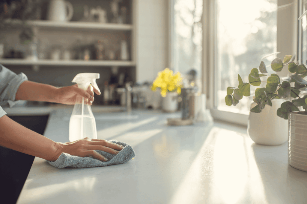 Persoon maakt het aanrecht schoon met een spons in een lichte, opgeruimde keuken