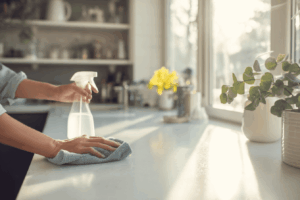 Persoon maakt het aanrecht schoon met een spons in een lichte, opgeruimde keuken