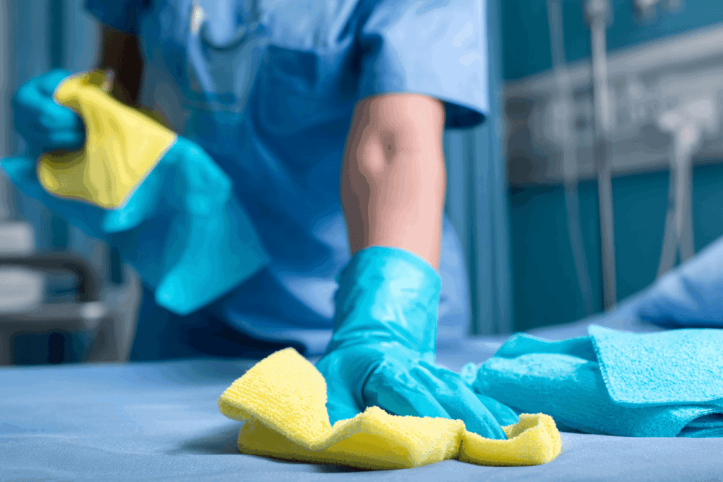 Schoonmaakmedewerker met handschoenen poetst in het ziekenhuis