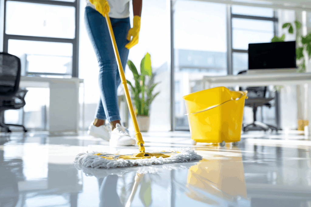 Schoonmaker werkt met rechte rug en licht gebogen knieën tijdens het dweilen van een kantoorruimte