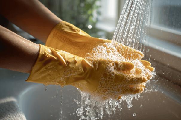 Handen met schoonmaakhandschoenen worden gewassen onder stromend water voor extra hygiëne
