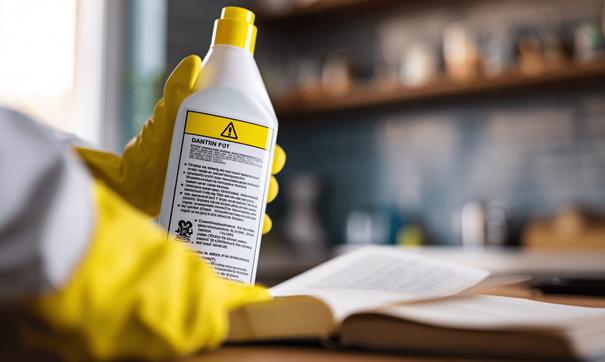 Het lezen van het waarschuwingsetiket van een schoonmaakmiddel. 