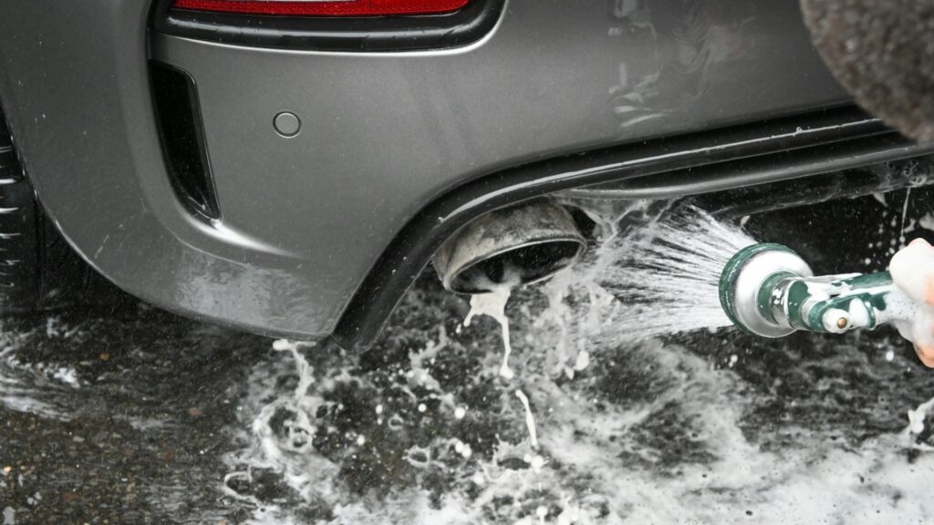 Uitlaat van auto wordt grondig afgespoeld tijdens carwrap onderhoud met waterstraal en sop
